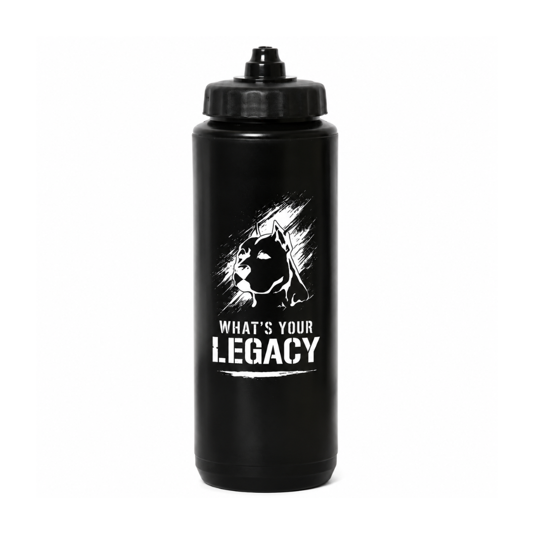 A matte black insulated water bottle with a black screw cap, featuring a white graphic of a dog's head and the text 'WHAT'S YOUR LEGACY' printed on the front, set against a plain white background.