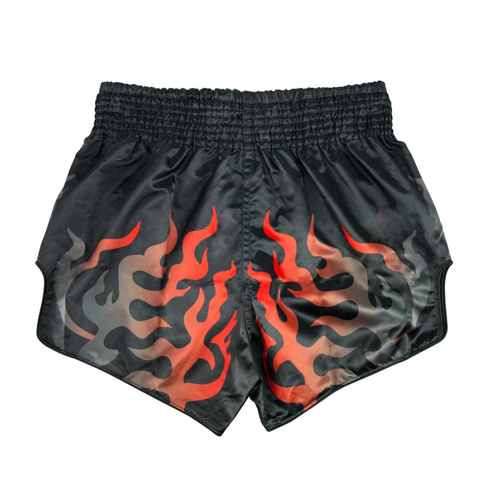 Black athletic shorts with a red and orange flame pattern, featuring an elastic waistband, shown against a plain white background.
