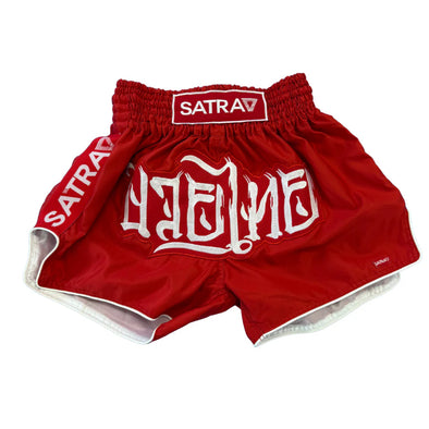 Canadian red satin Muay Thai shorts handmade in Thailand premium wide-leg design for training and competition