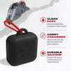 Black silicone case with red carabiner on a light gray background