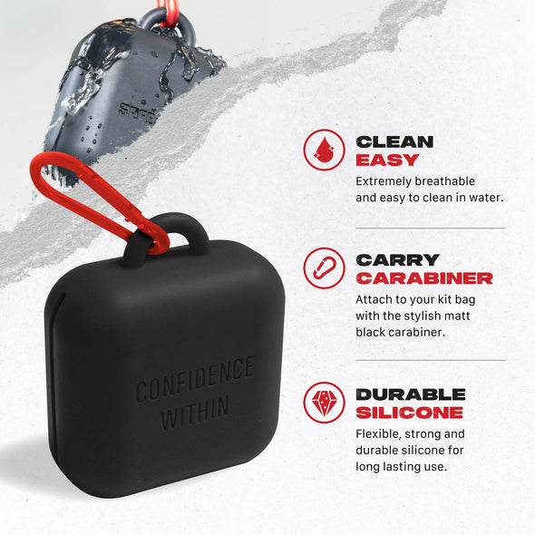 Black silicone case with red carabiner on a light gray background