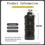 Product information graphic showing a black cylindrical powder box bottle with a metal buckle cap and carabiner, labeled 7CM wide and 20CM tall, with feature callouts and text on a white background.