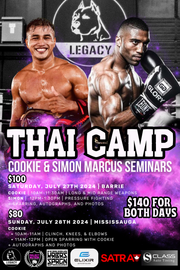 Promotional poster for Thai Camp with two boxers and event details.