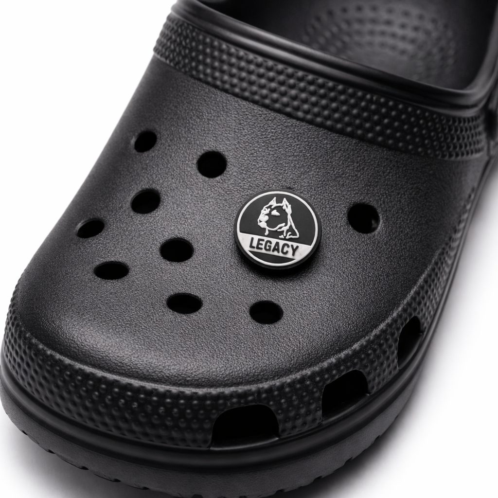 Black clog shoe with a 'Legacy' logo on a white background