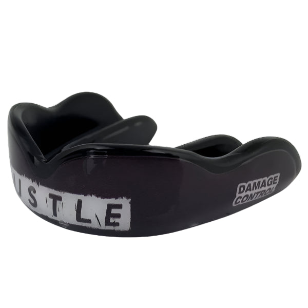 Damage Control High Impact Hustle Mouthguard with black and white design, ideal for boxing, MMA, Muay Thai and other sports.