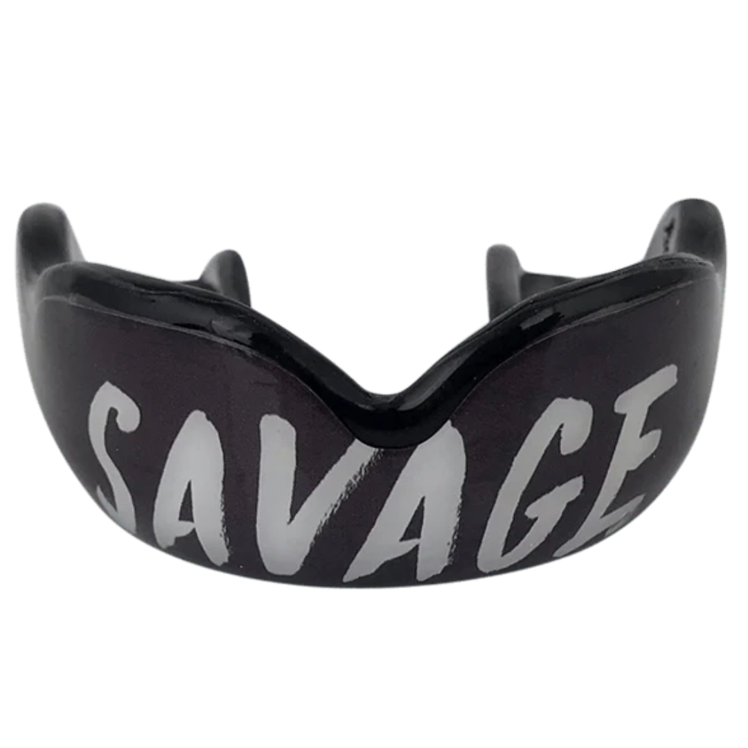 Damage Control High Impact Savage Mouthguard with black and white design, ideal for boxing, MMA, Muay Thai and other sports.