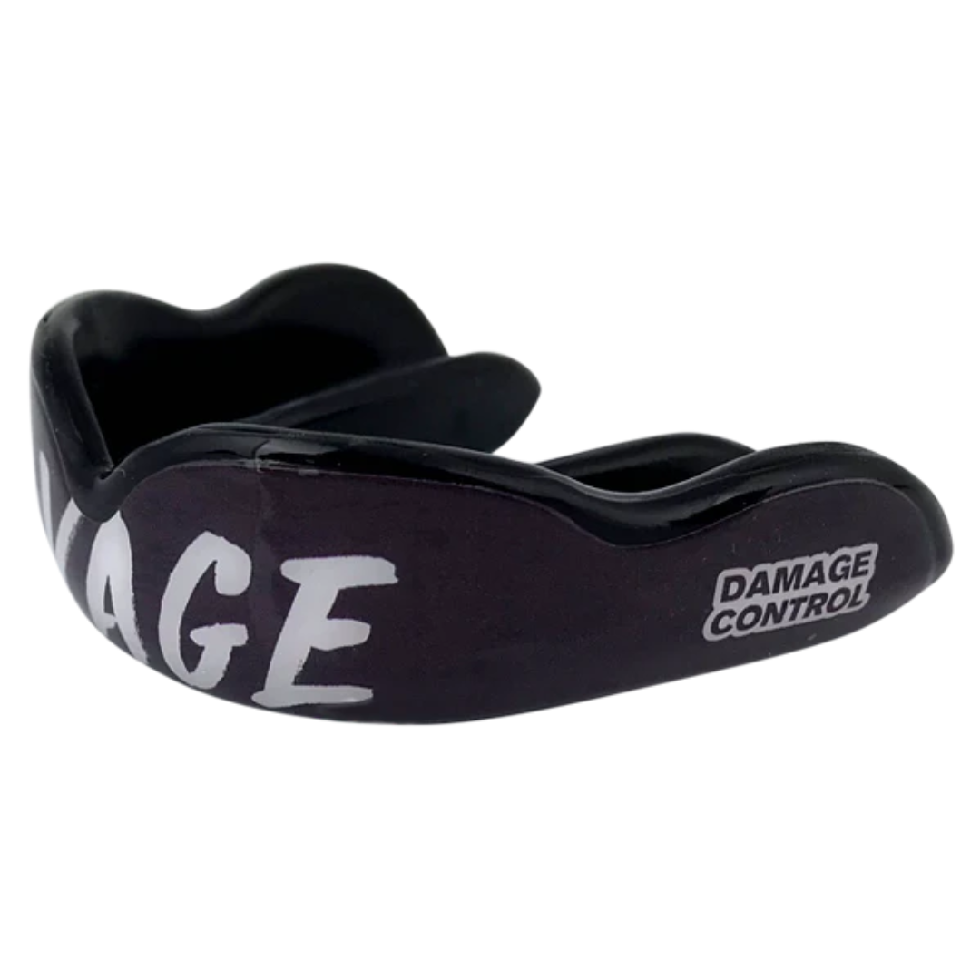 Damage Control High Impact Savage Mouthguard with black and white design, ideal for boxing, MMA, Muay Thai and other sports.
