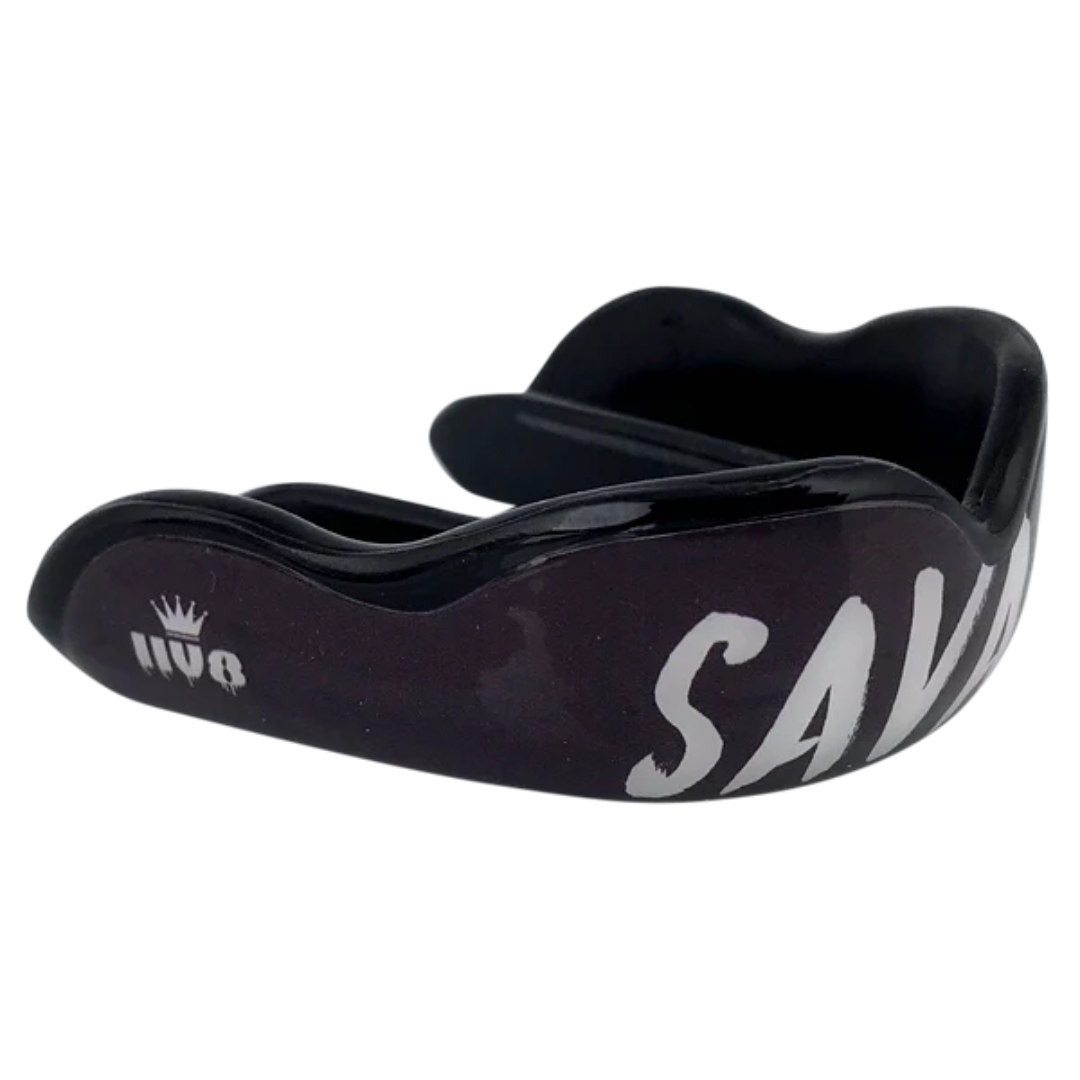 Damage Control High Impact Savage Mouthguard with black and white design, ideal for boxing, MMA, Muay Thai and other sports.