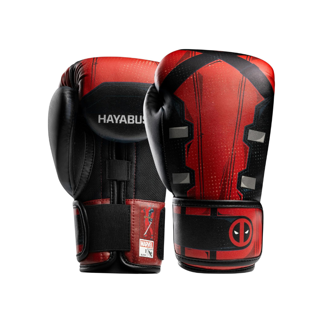 Red and black boxing gloves with Deadpool design on a white background