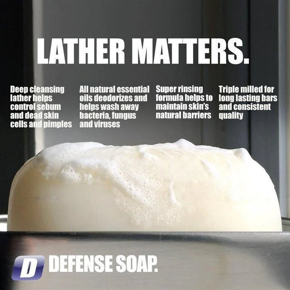Bar of soap with lather and text about defense soap's benefits on a dark background
