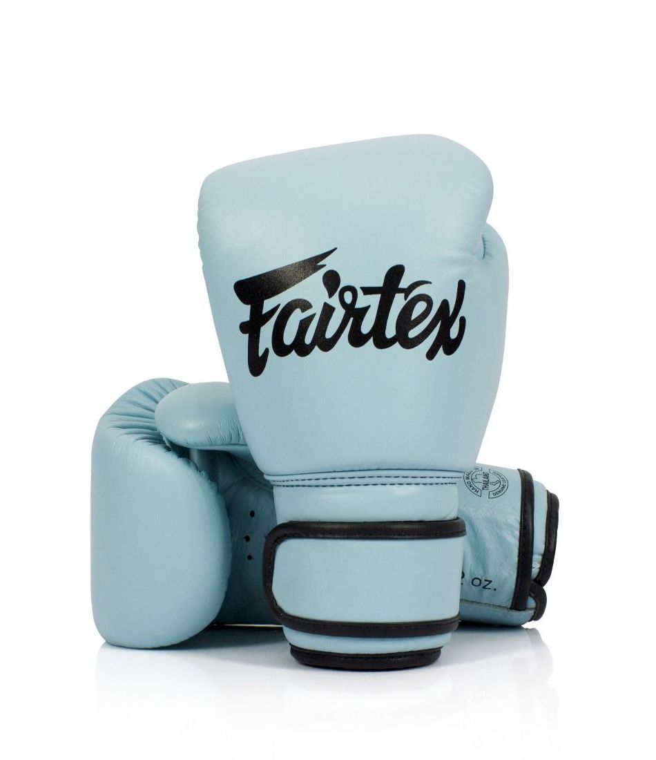 Fairtex bgv20 baby blue genuine leather boxing gloves for muay thai and boxing training, premium handcrafted gloves offering comfort, style, and durability for sparring and padwork.