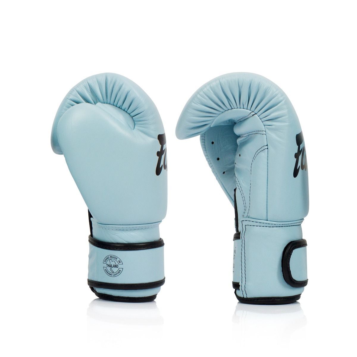 Fairtex bgv20 baby blue genuine leather boxing gloves for muay thai and boxing training, premium handcrafted gloves offering comfort, style, and durability for sparring and padwork.