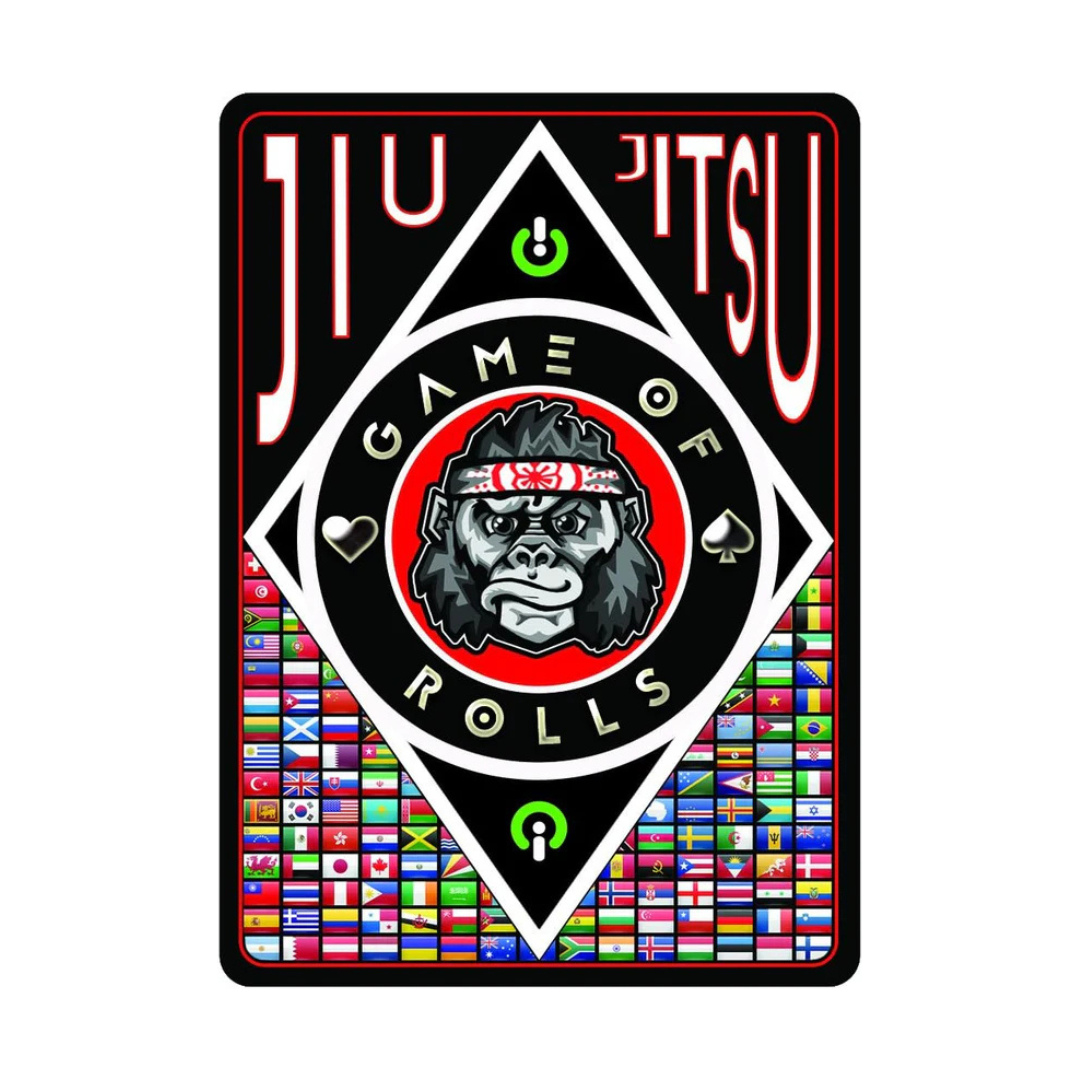 Playing card with 'Jiu Jitsu Game of Rolls' design featuring a gorilla logo on a colorful flag border.