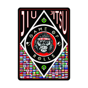 Playing card with 'Jiu Jitsu Game of Rolls' design featuring a gorilla logo on a colorful flag border.
