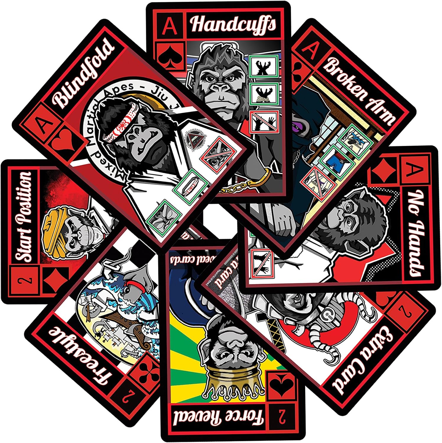 Collection of playing cards with various designs and text on a white background
