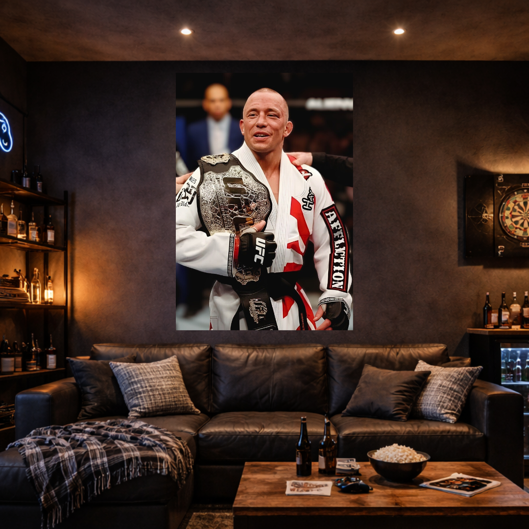 Man in a white robe holding a championship belt in a bar setting.