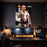 Gaming setup with a large monitor displaying a UFC fighter holding a championship belt.