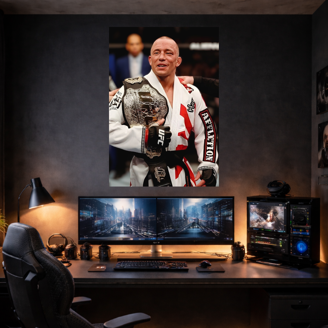 Gaming setup with a large monitor displaying a UFC fighter holding a championship belt.