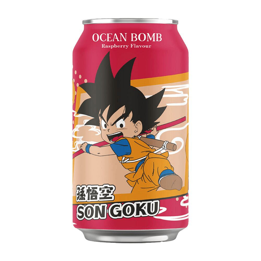 Can of Ocean Bomb raspberry flavor with Son Goku illustration on a white background