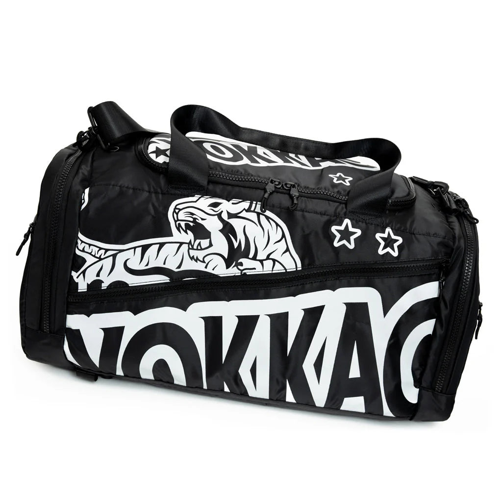 Black duffel bag with white graphics and text on a white background