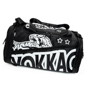 Black duffel bag with white graphics and text on a white background