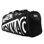 Black duffel bag with white branding on a white background
