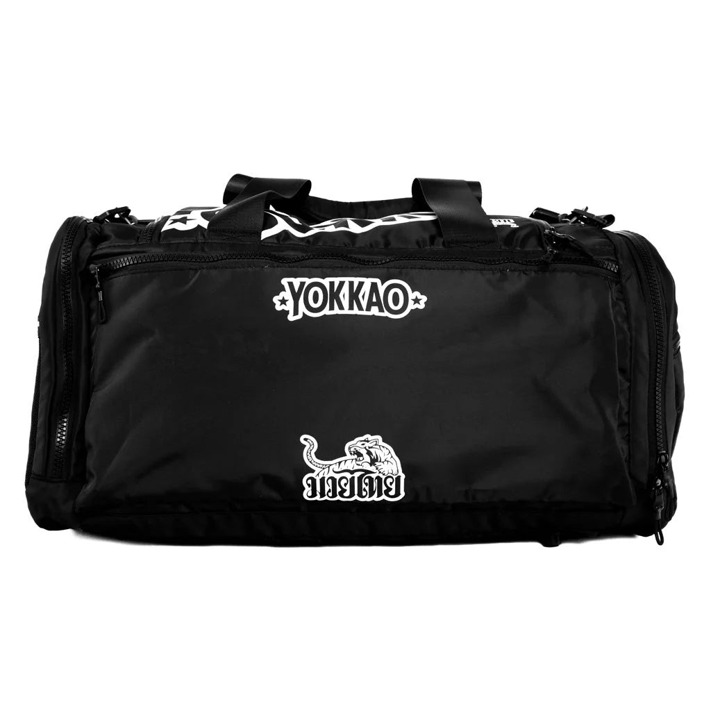 Black duffel bag with Yokkao branding on a white background
