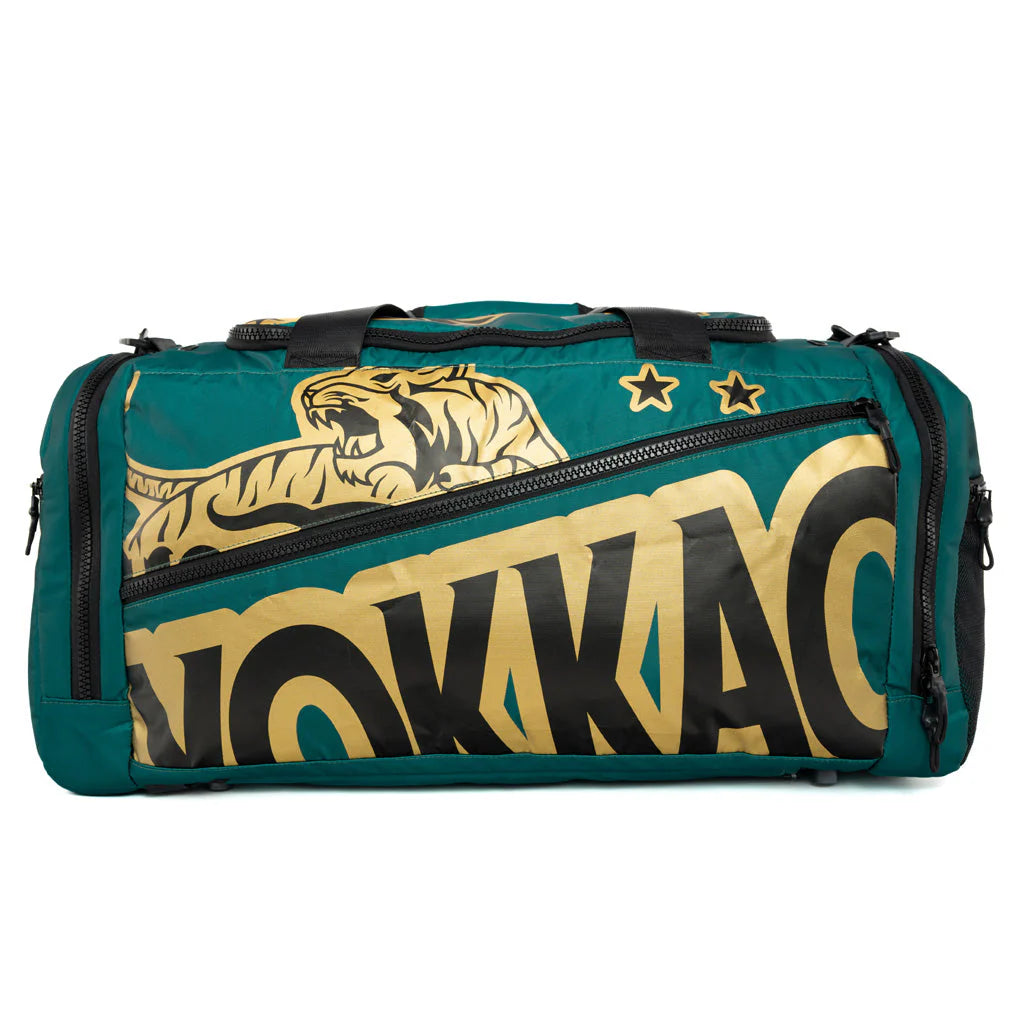 Green duffel bag with gold and black design featuring a tiger and text on a white background