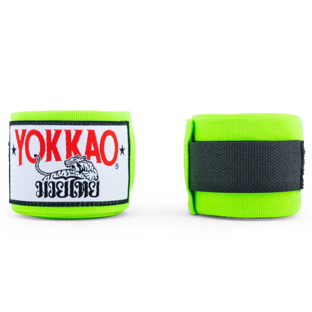 Green boxing hand wraps with Yokkao logo on a white background