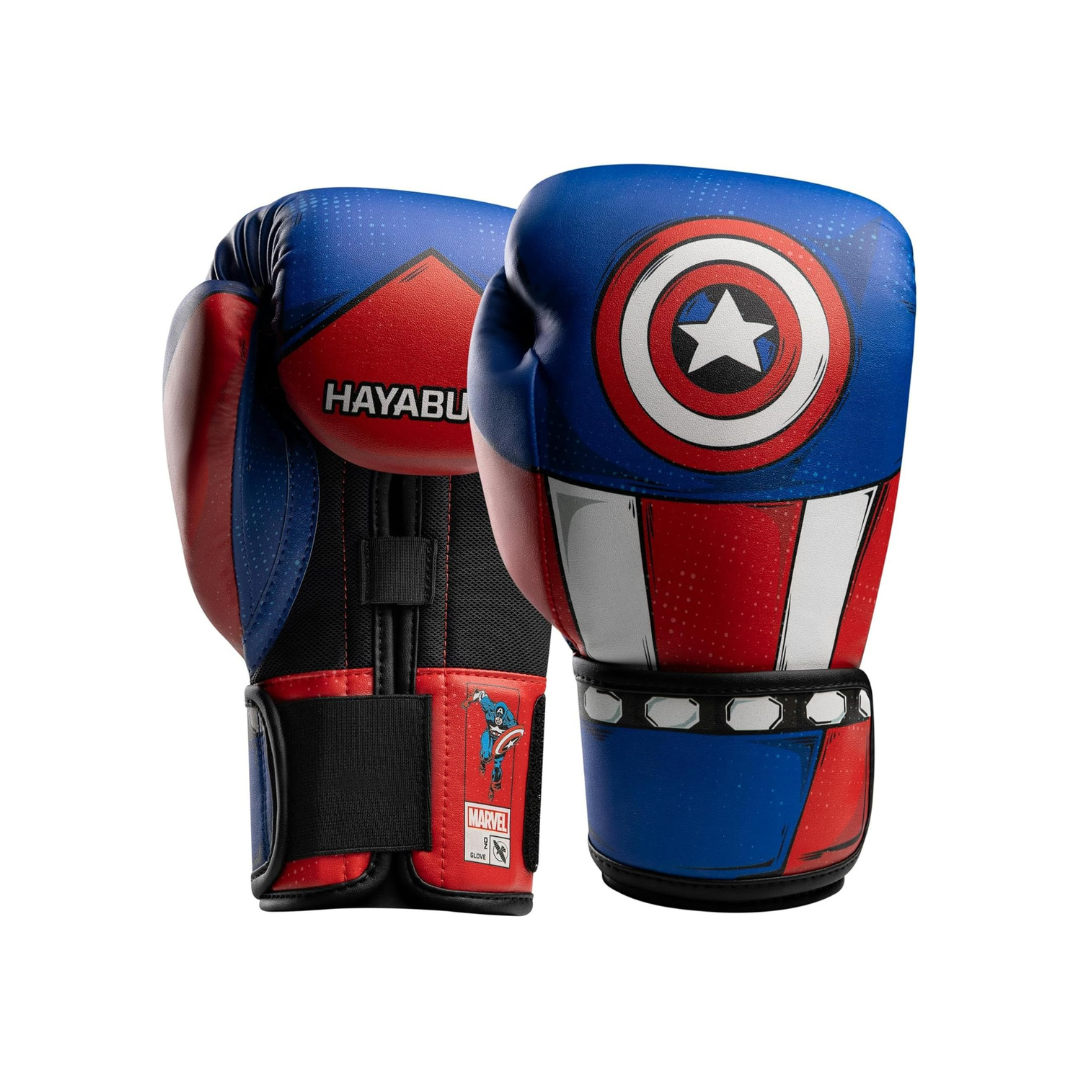 Boxing gloves with Captain America design and Hayabusa branding on a white background