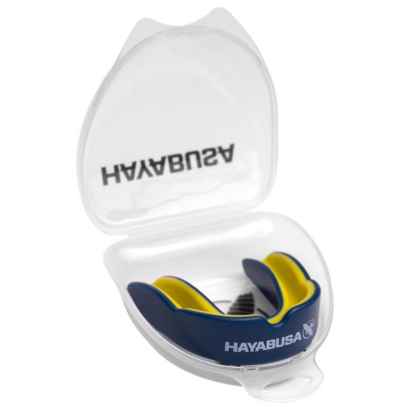 Hayabusa mouthguard in a clear plastic case on a white background