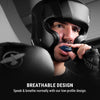 Person wearing a black boxing helmet with a visible brand logo, holding a microphone close to their mouth.
