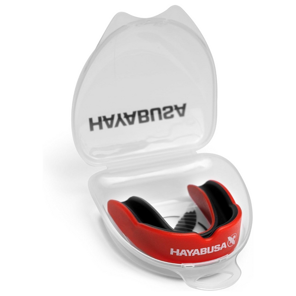 Hayabusa mouthguard in a clear plastic case on a white background