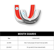 Hayabusa mouth guard with size guide on a white background
