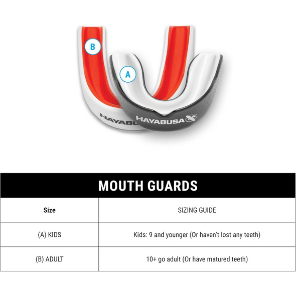 Hayabusa mouth guard with size guide on a white background