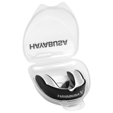 Black mouthguard in a clear Hayabusa case on a white background