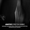 Close-up of adaptive stretch fabric with text describing its features.