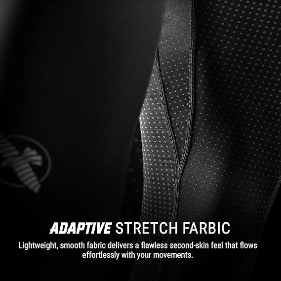 Close-up of adaptive stretch fabric with text describing its features.