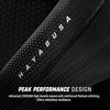 Black fabric with 'Hayabusa' branding and text about peak performance design.