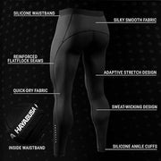 Black compression leggings with feature labels on a black background, featuring the Hayabusa brand.