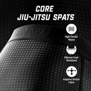 Black jiu-jitsu spats with text highlighting features on a black background