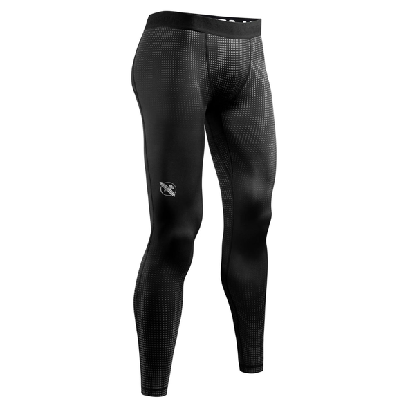 Black compression leggings with a brand logo on a white background