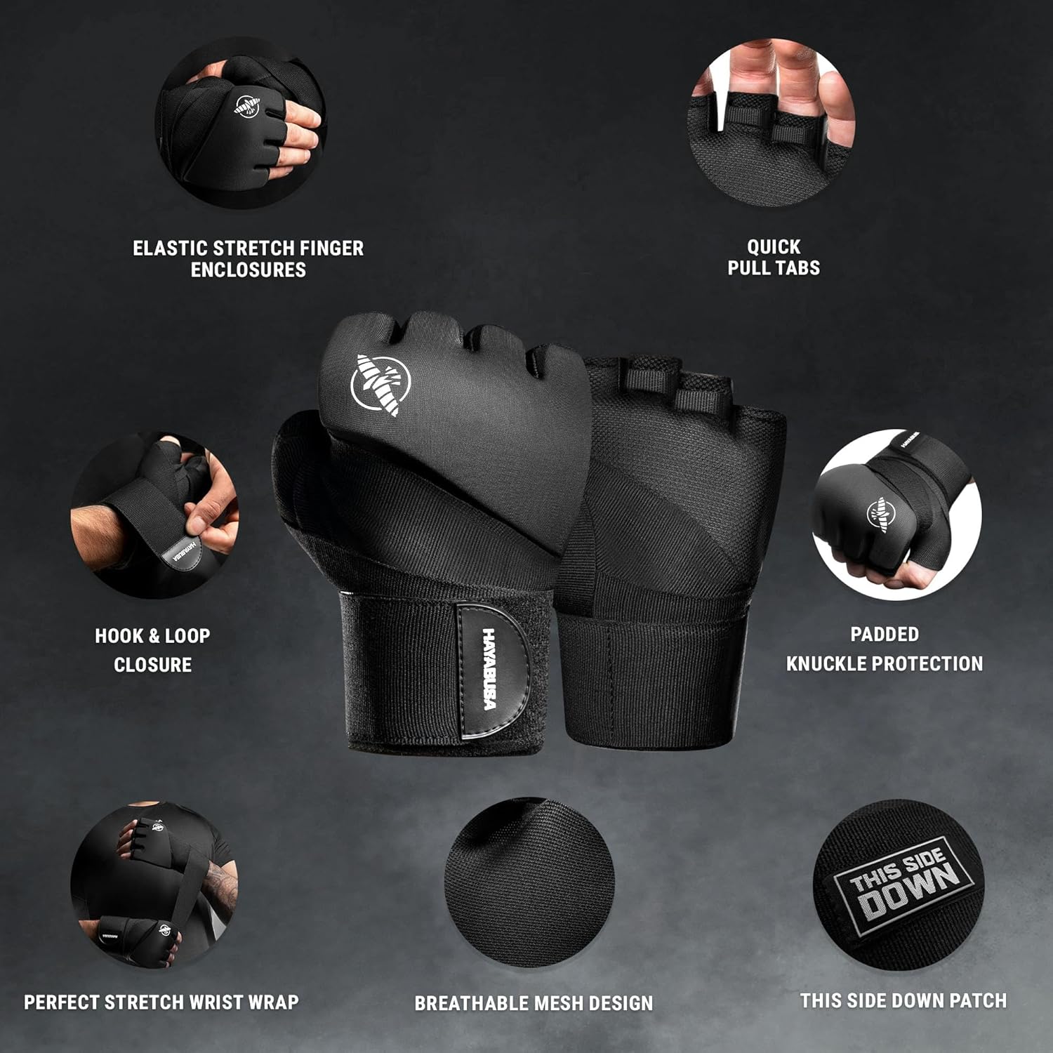 Hayabusa Quick Gel Handwraps Noir - Bandages Mains Protection Gel, Tour De Poignet 91 Cm - Tailles S à XL, Lavables
