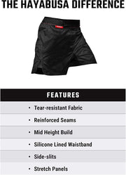 Black athletic shorts with Hayabusa logo on a white background, featuring product features.