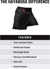 Black athletic shorts with Hayabusa logo on a white background, featuring product features.