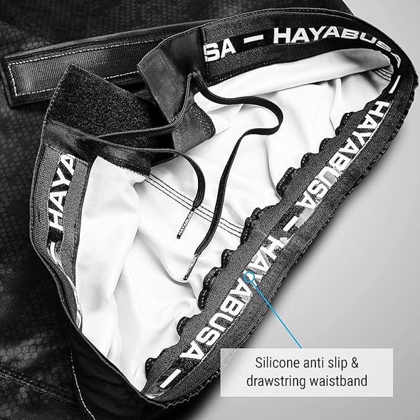 Close-up of a Hayabusa product with silicone anti-slip and drawstring waistband on a gray background.
