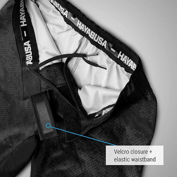 Close-up of Hayabusa athletic shorts with a velcro closure and elastic waistband.