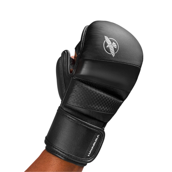 Black boxing glove with brand logo on a white background