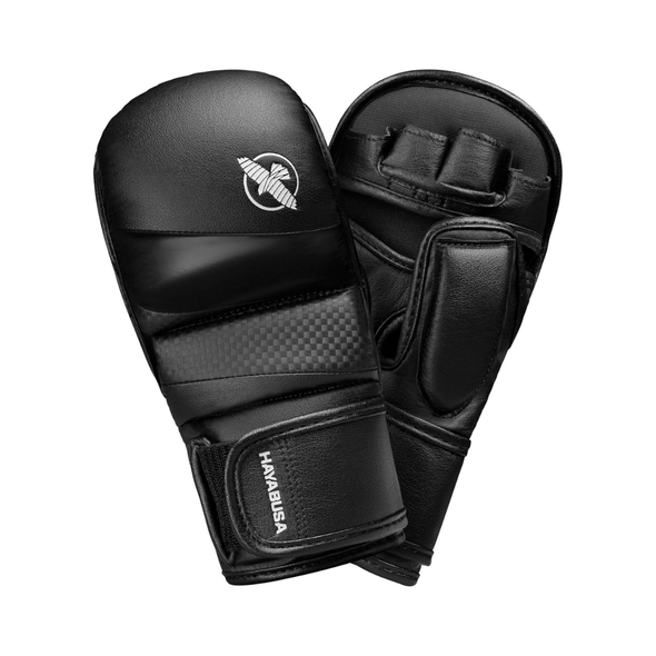 Black martial arts gloves with visible branding on a white background