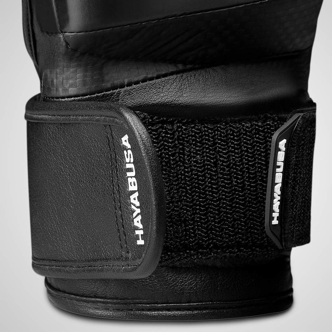 Black protective gear with Hayabusa branding on a gray background
